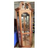 Wood & Glass Corner Curio w/ Scrollwork Pediment