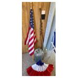 US Flag, Walking Stick, Glass Jug & Decorations