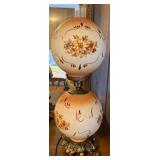 Floral Painted Glass Hurricane Lamp w/ Brass Base