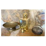 Brass Bowl, Lantern, Snuffer & Glass Basket Set