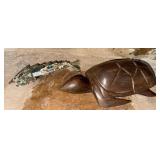Wood Turtle Sculpture & Abalone Fish Figurine