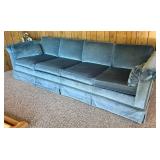 Large Blue Velvet Upholstered Sofa w/Nailhead Trim