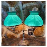 Double Arm Table Lamp w/ Green Ribbed Shades