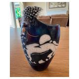 Raku Pottery Vase With Feather 6.5'