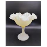 Fenton Satin Lime Uranium Glass Ruffled Compote
