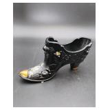 Fenton Black Glass Hand Painted Shoe