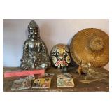 Asian Decor Lot: Buddha, Mask, Hat, Coasters