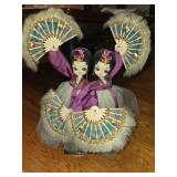 Korean Fan Dancer Dolls in Hanbok w/ Feather Fans