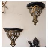 Pair Ornate Brass Wall Shelves
