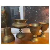 Etched Brass Bell, Compote & 2 Goblets Set