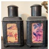 Chinese Metal Tea Caddies w/Eglomise Panels Pair