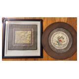 Pair Asian Silk Embroideries Framed Floral Motifs