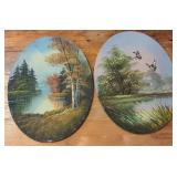 Pair Oval Landscape Oil Paintings on Board