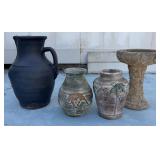 Pottery Vessels & Birdbath, Set of 4