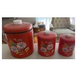 Red Metal Floral Canister Set w/ Lids