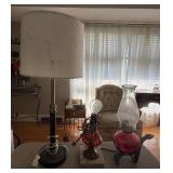 Lamp Trio: Table Lamp, Red Glass Lamp, Oil Lamp