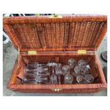 Wicker Chest w/ 7 Tall, 8 Small Cut Glasses