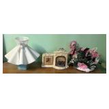 Decorative Clock, Lamp & Floral Arrangement