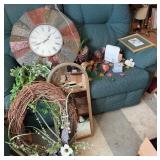 Wall Clock, Mirror, Decor Lot w/Wreath & Art
