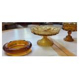 Vtg Amber Glass Ashtray & Two Compotes