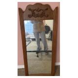 Wood Framed Wall Mirror w/Carved Top Panel