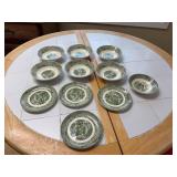 Green Transferware Plates w/ Rural Scenes