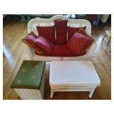 Wicker Love Seat, Coffee Table, Storage Bin