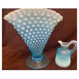 Fenton Blue Opalescent Hobnail Fan Vase and Mini C