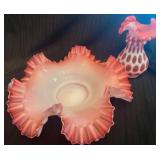 Fenton Pink Opalescent Ruffled Glass Bowl and Coin
