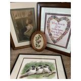 Three Framed Artwork and One Embroidery Piece
