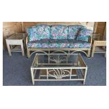 Rattan Sofa, Coffee Table, and Two End Tables With