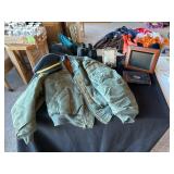 Military Jacket, Cap, Binoculars, Frames, and Harl