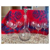 Vintage Etched Glass Decanter With Stopper and Six