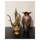Vtg Brass Ewers and Floral Vase11"