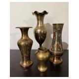 Three Brass Vases & Mini Urn8"