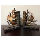 Vtg Wooden Ship Bookends6.5×4.5×9