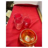 4 Pink Tumblers and Carnival Glass Bowl