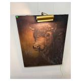 Antique Oil on Canvas Bull with Display Light