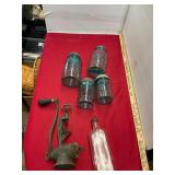 5 Glass Jar Lot & Antique Grinder