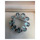 14k White Gold Aqua Marine and Diamond Pin Signed
