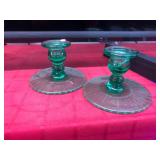 2 Green Depression Glass Candle Holders