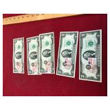 5 Consecutive Serial Number 1976 $2 Notes
