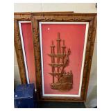 2 Framed Vintage Wooden Carved Ships Decor