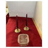 2 Baldwin Brass Candle Holders & Glass Dish