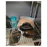 Cast Iron Irons, Jar, Clothes Pin Lot