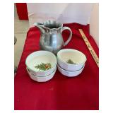 4 Pfaltzgraff Christmas Bowls and Pewter Pitcher