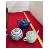 3 Blue and White Teapots
