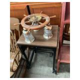 Ships Wheel Chandelier and Typewriter Table
