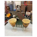 Birdhouse and 2 Art Glass Wine Glasses