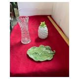 Crystal Vase, Pineapple, and Pottery Leaf